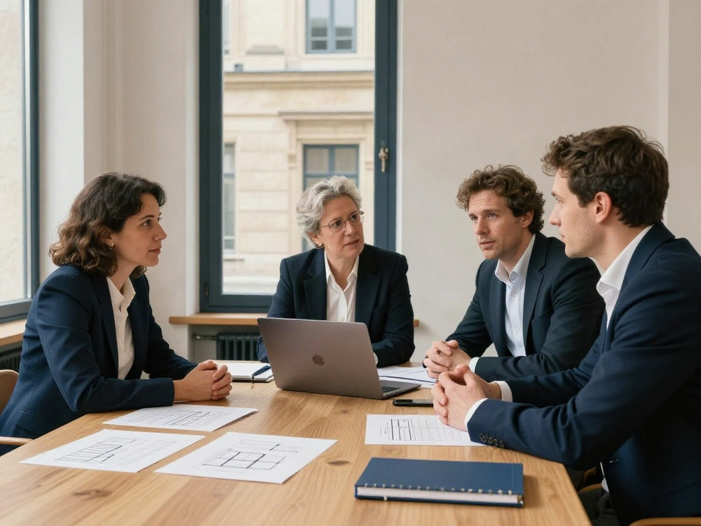 Consultants discussing business performance and strategic priorities around a meeting table